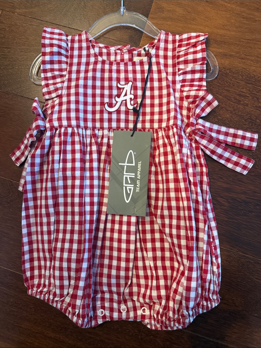 Team Apparel Red and White Gingham Baby Romper with 'A' Embroidery